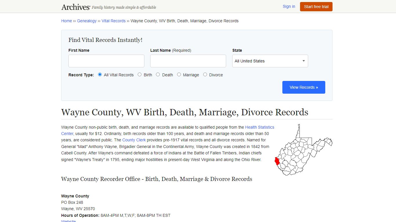 Wayne County, WV Birth, Death, Marriage, Divorce Records - Archives.com